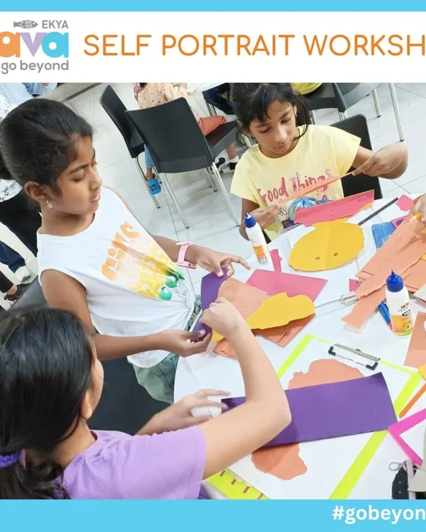 My self-portrait workshop is a space for creative exploration and connection. Here, young artists are busy with collage materials, learning to express their identity through different shapes, colors, and textures. It's a beautiful process of self-discovery.