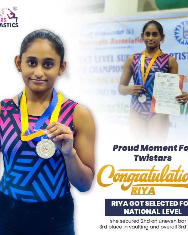 A proud moment for all of us at Twistars! Huge congratulations to our student Riya for her selection to the National Level after securing 2nd place on the uneven bar and 3rd in vaulting.