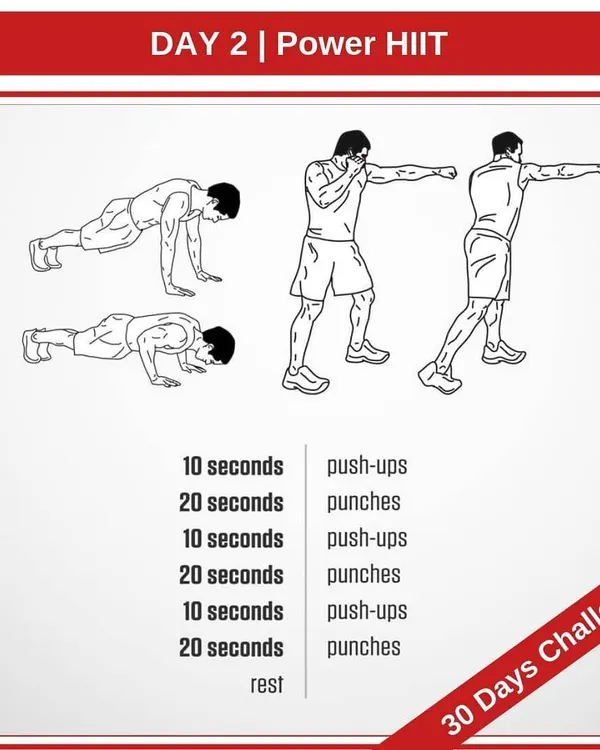This is Day 2 of our 30-Day Power HIIT Challenge. This routine combines explosive push-ups with rapid-fire punches to build upper body strength and cardiovascular endurance simultaneously.