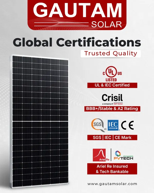 Our solar panels carry trusted quality marks and global certifications. We are UL & IEC certified, CRISIL rated, and Ariel Re Insured & Tech Bankable, ensuring our modules meet the highest standards for performance and financial viability.