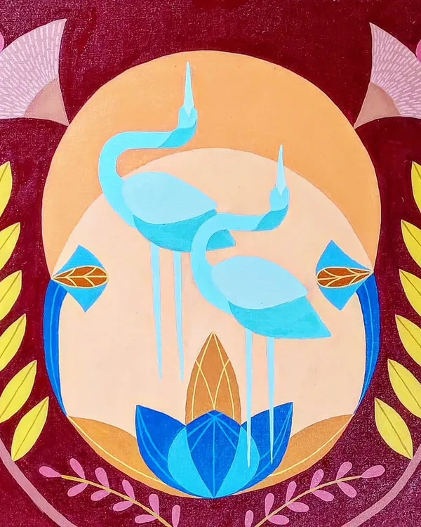This custom 2'x2' acrylic on canvas painting is a study in nature and symmetry. It features two blue cranes, lotuses, and fans arranged in a balanced composition against a rich, deep red background.