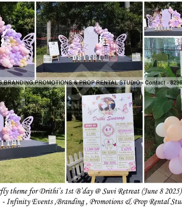 We brought this magical butterfly theme to life for a first birthday at Suvi Retreat. The outdoor setting was perfect for our pastel balloon garland and elegant semi-arch backdrops, creating a dreamy atmosphere for a very special milestone.