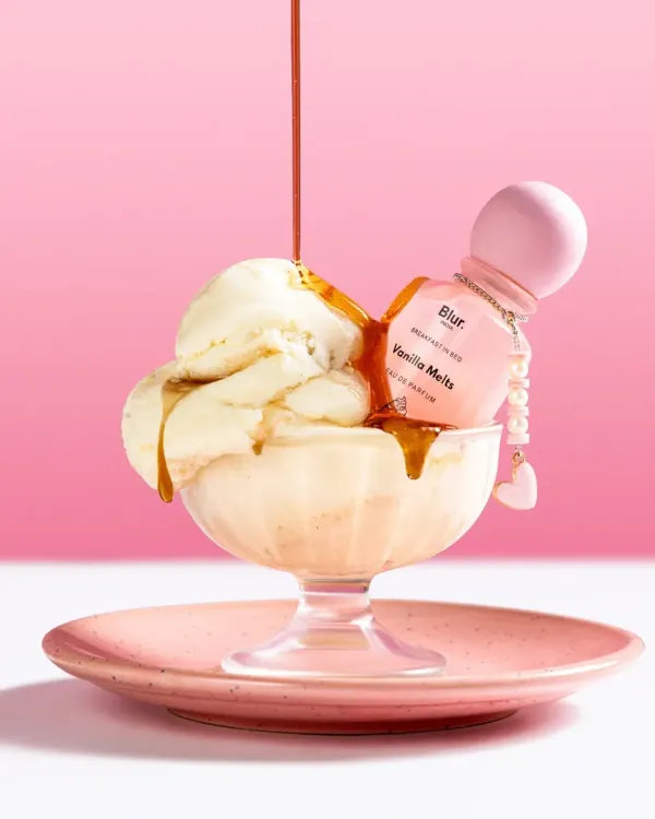 This shot for Blur India's dessert-inspired fragrance was a technical and creative challenge we loved. We used fake ice cream to maintain the perfect scoop shape and a dropper to capture the ideal caramel drizzle, creating a truly mouth-watering visual that perfectly matches the "Vanilla Melts" scent.