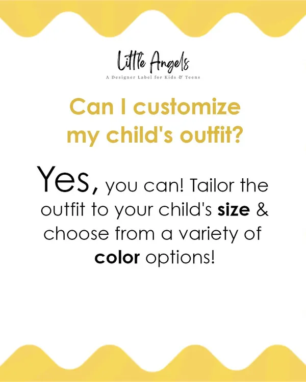 Customization is at the heart of what I do. This graphic explains that I can tailor any outfit to your child's specific size and offer a wide variety of color options to match your event's theme.