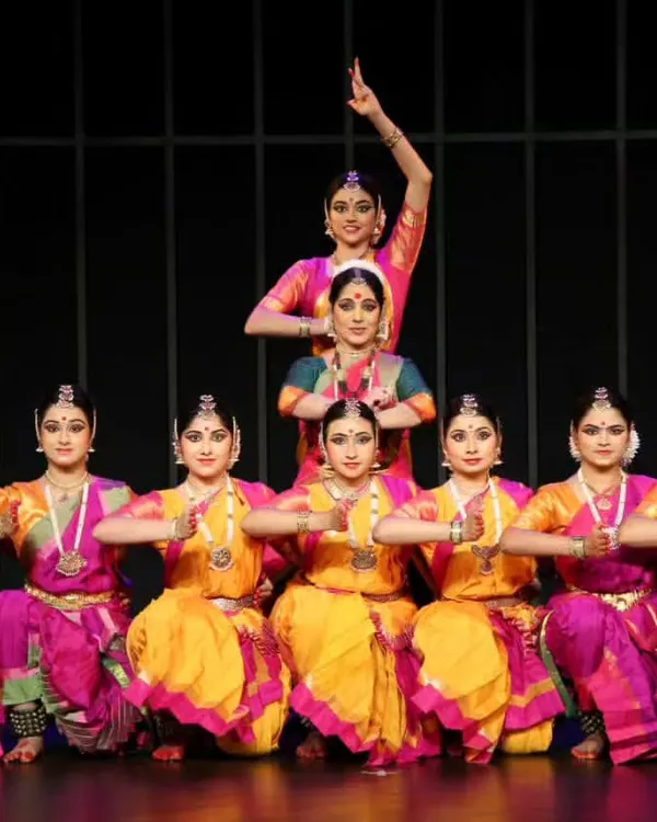 My dance troupe, Abhinayaa, in a classic Bharatanatyam formation. It is a privilege to guide these talented dancers as they grow, and to create productions that showcase their collective skill and my choreographic vision.