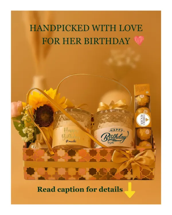 This beautiful birthday hamper was handpicked with love, featuring two of my signature jar candles with personalized labels, decadent Ferrero Rocher chocolates, and lovely artificial flowers. It’s a perfect example of how we can create a truly personal and memorable gift together.