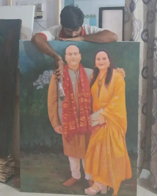 This is a commissioned portrait, 48 by 36 inches, in acrylic on canvas. I am seen here with the finished piece, which was created to capture a cherished memory for the clients.