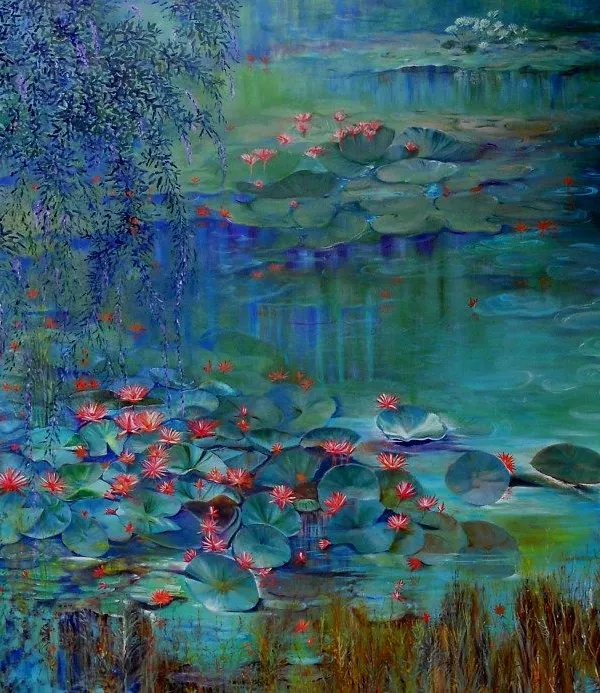 This serene lotus pond by Surekha Matt is a piece I often recommend for clients seeking tranquility and beauty in their space. The impressionistic style and layered colors create a sense of depth and calm that can transform a room.