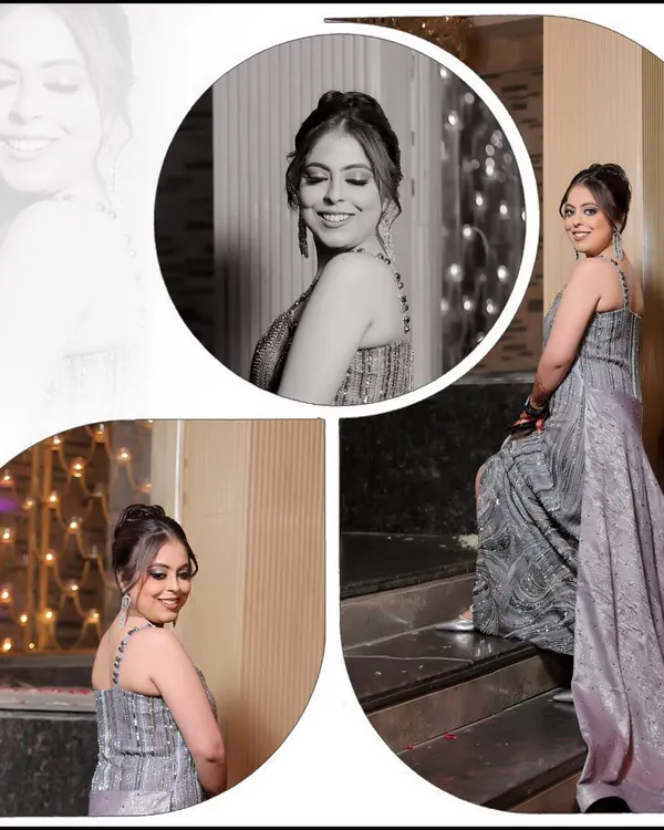 A beautiful collage showcasing a bride's look for one of her events. The mix of color and black and white photos highlights her elegant gown and joyful smile from different angles.
