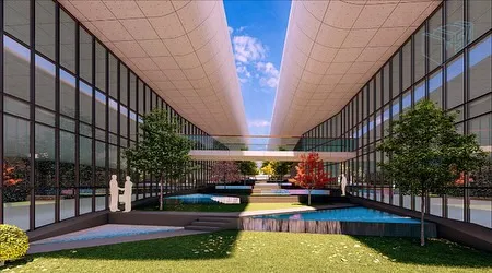 The central green oasis in our 90,000 sq ft textile mill design. The inward-facing shop floor looks onto this courtyard, which creates a wind tunnel effect, providing visual relief and natural cooling from the harsh North Indian heat.