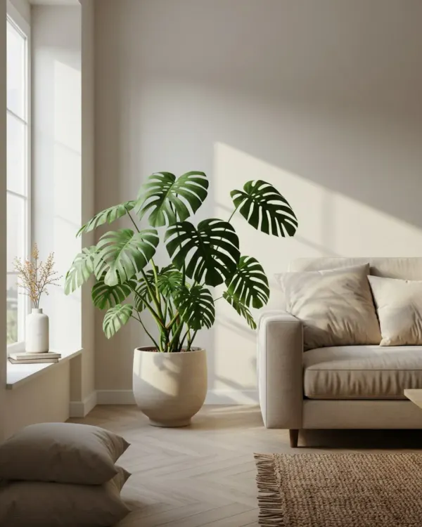 A sun-drenched corner is the perfect home for a statement Monstera. Its iconic leaves create beautiful shadows, adding a dynamic and artistic touch to this calm, minimalist living area.