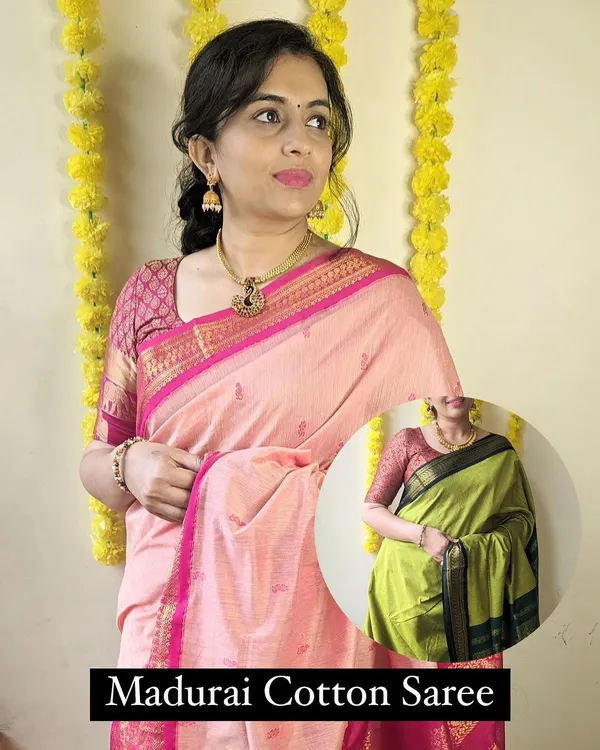 A glimpse from our End-Of-The-Year Sale, featuring the traditional Madurai Cotton Saree in two beautiful colorways.