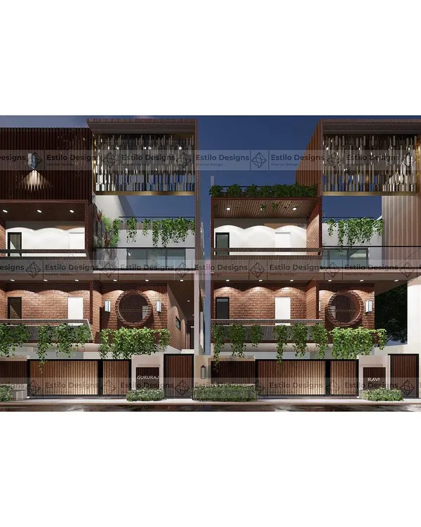 This is the "Twin House" project in RR Nagar, Bangalore, designed for a 60'x75' plot. The contemporary design uses natural elements like brick and wood, with a unique requirement to create two connected yet individually functional homes.
