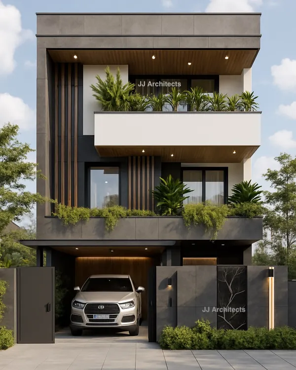 A 3D elevation concept for a modern home, featuring a balanced composition of concrete, vertical wood slats, and integrated planters. This design focuses on creating a timeless facade that connects with nature.