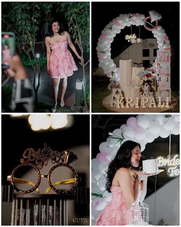A collage from a fun and stylish "Bride to Be" party. The decor included a white and pink balloon arch, a neon sign, and fun props like "Bride to Be" glasses.