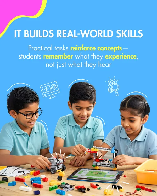 Three students collaborate to build and program a robot, demonstrating how my programs build real-world skills. Practical, hands-on tasks help reinforce abstract concepts, ensuring students remember what they experience, not just what they hear.