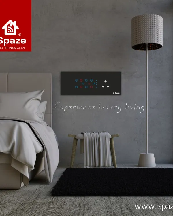 A look at our sleek black smart switchboard in a modern bedroom setting. The customizable RGB backlights add a touch of luxury and help you locate switches in the dark.