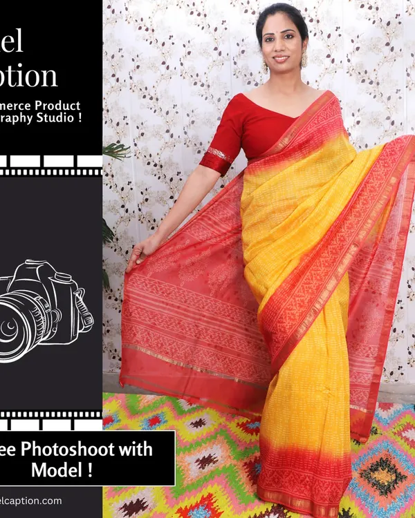 A full-length shot of a model wearing a beautiful red and yellow cotton saree. We ensure the drape and color are captured perfectly to attract customers looking for traditional Indian wear online.