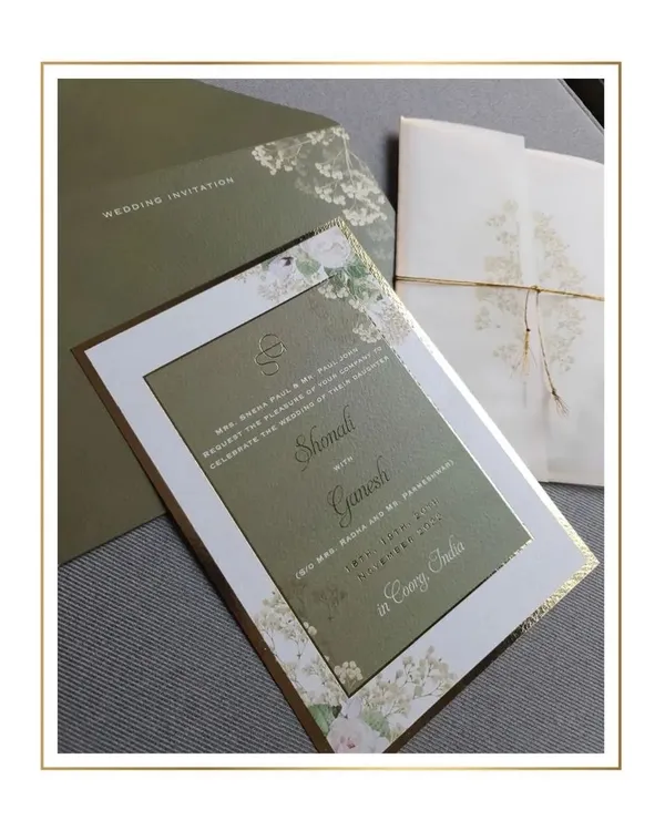 Minimal floral elegance defines this suite. We used a sophisticated olive green and white color palette, with delicate gold foil floral illustrations and a custom monogram for a touch of luxury.