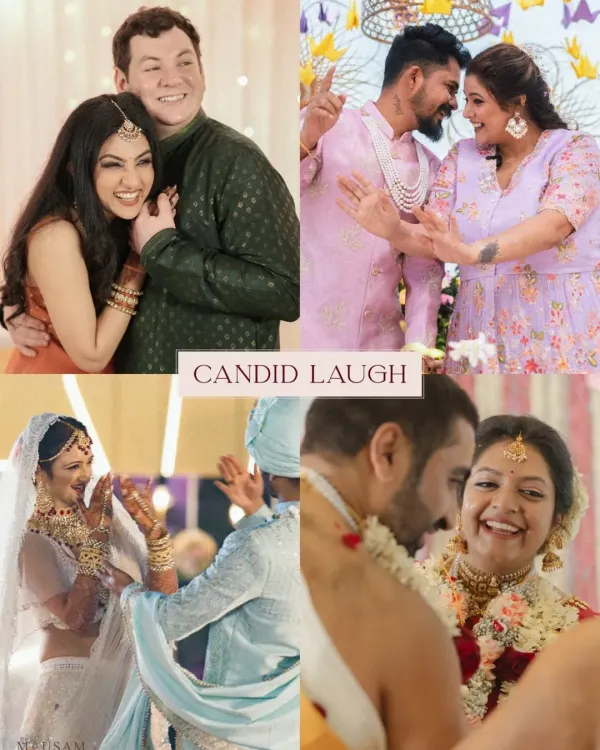 A collage celebrating the beauty of a candid laugh. These unposed moments of joy, shared between the couple and their loved ones, are the heartbeats of a wedding day.