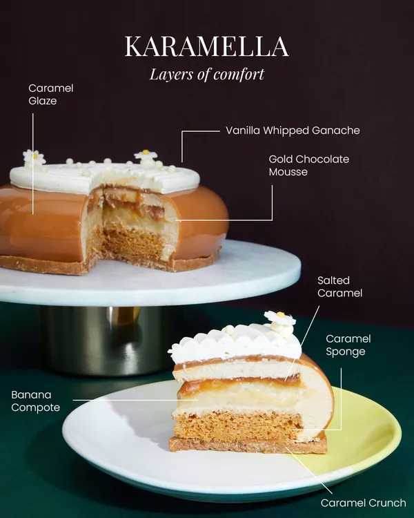 This is my Karamella, deconstructed. I believe in showing you exactly what you are about to enjoy. It features a delicate caramel sponge and crunch, a heart of banana compote and salted caramel, all enveloped in a gold chocolate mousse and vanilla whipped ganache. Every layer has a purpose.