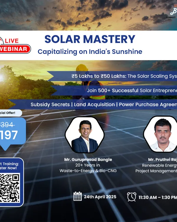 This ad for our "Solar Mastery" webinar features our expert speakers against a backdrop of solar panels. It details our training on scaling a solar business, from understanding subsidy secrets to acquiring land and securing Power Purchase Agreements.