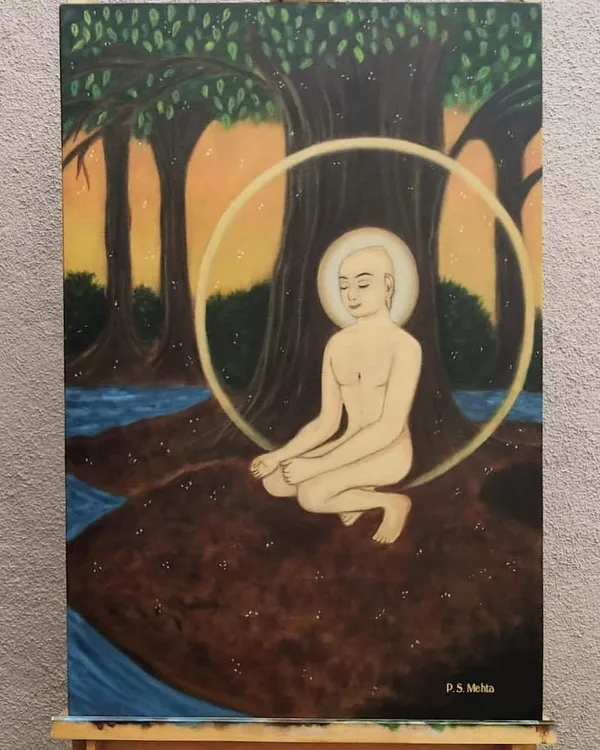 This commissioned oil painting of Mahavir Swami in a meditative state is ready to be shipped to its new home. I aimed to create a tranquil atmosphere with a glowing halo and natural surroundings.