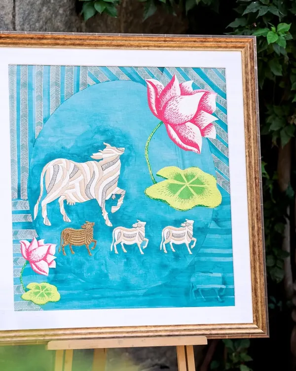 This piece from my Nandi Collection is a contemporary take on the traditional Pichwai art form. Created with hand embroidery on linen, it celebrates the rich visual language of my Indian heritage.