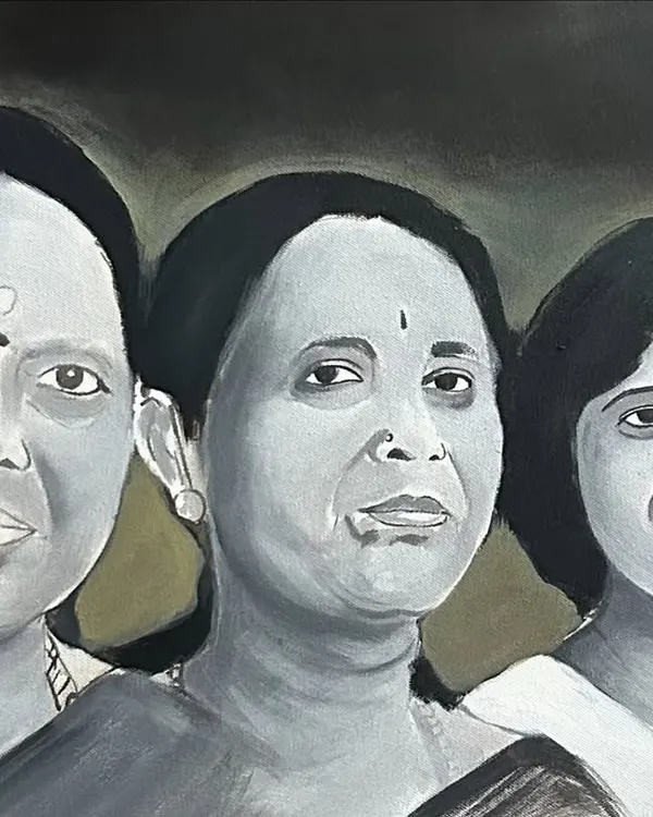A special commissioned piece showing four generations of women in a single family, painted in a classic black and white acrylic style.