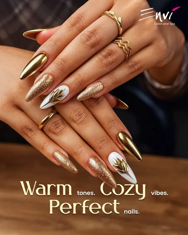 This dramatic stiletto nail set in metallic and glittery gold showcases the height of luxury nail artistry. The sharp shape and bold design are perfect for making a statement, reflecting a confident and glamorous style.