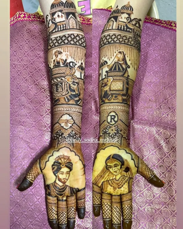 A royal bridal story captured in henna. This design features detailed portraits of the bride and groom, with a doli scene on the arms, symbolizing the beautiful journey ahead.