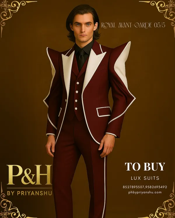 This is the definitive statement piece from my avant-garde collection. A model presents the full look of the wine and white shark-inspired suit, featuring dramatic, sculpted shoulders and sharp, contrasting lines that convey a sense of power and futuristic elegance.