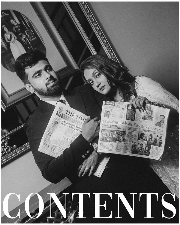The "Contents" of their love story. This was a fun, creative concept we developed, using newspapers to create a vintage, editorial feel for their pre-wedding shoot at Turf Club, Pune.