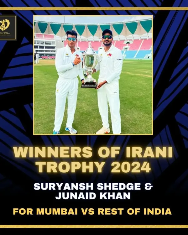 Congratulations to our players Suryansh Shedge and Junaid Khan on winning the prestigious Irani Trophy 2024 with the Mumbai team. A fantastic achievement that showcases their red-ball cricket prowess.