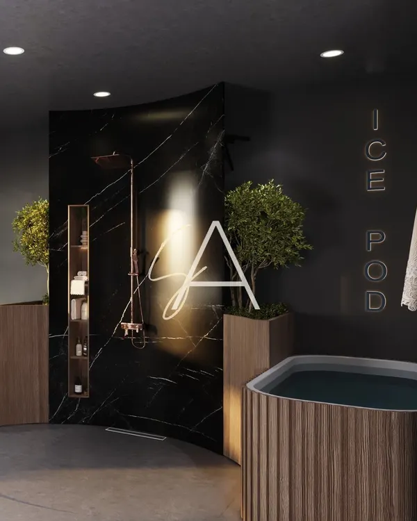 This is the 'Ice Pod' area in a private wellness center. We used a curved black marble wall for the shower and a wood-paneled tub to create a dramatic, spa-like atmosphere for post-workout recovery.
