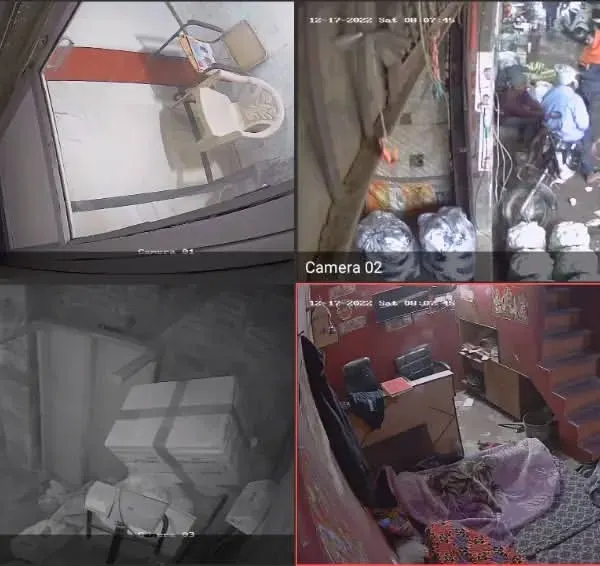 A real-world example of a four-camera system I installed at Azadpur Mandi. My systems are built to withstand busy commercial environments, providing clear footage of indoor and outdoor activity.