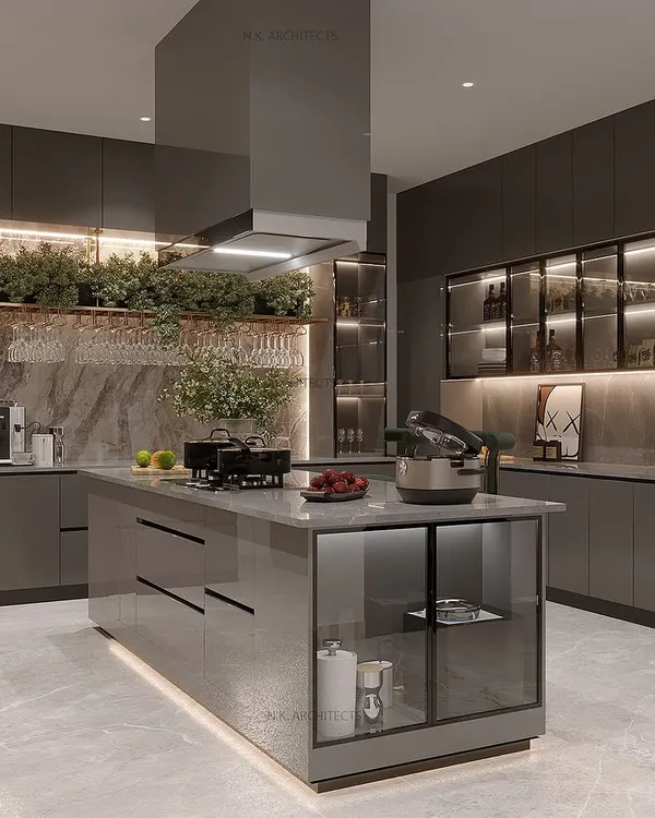 This modern kitchen features a sleek grey and golden color scheme for a luxurious look. The design includes an island with a built-in cooktop and seating, surrounded by ample storage and integrated greenery.