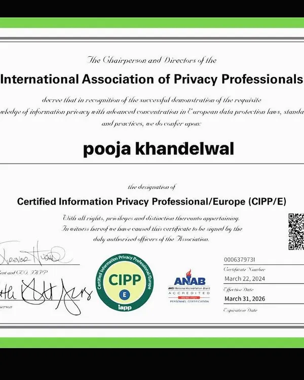 This CIPP/E certification represents my commitment to mastering European data protection laws. It allows me to offer businesses globally recognized expertise in GDPR compliance and information privacy management.
