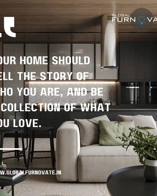 We believe your home should be a collection of what you love. This image captures the essence of a personalized living space, combining comfort with modern kitchen design in the background.