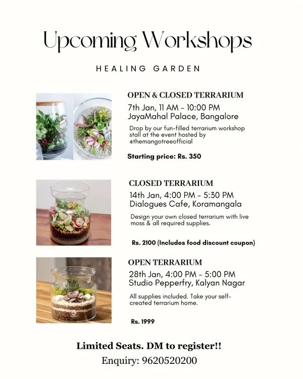 An announcement for our upcoming open and closed terrarium workshops in January. Check the flyer for dates, locations, and prices, and DM to register.