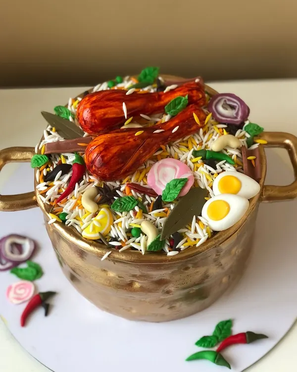 Yes, that's a cake! I had so much fun creating this hyper-realistic Biryani Handi cake. Every detail, from the rice grains to the chicken legs and spices, is completely edible.