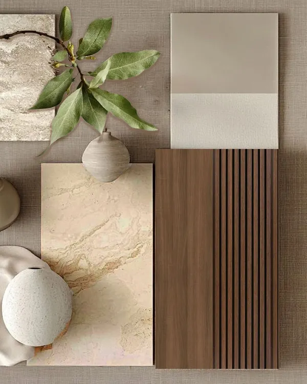 A refined play of textures and tones. This material board captures the calm, grounded essence of our design philosophy, featuring natural stone, warm wood finishes, and soft fabric swatches that reflect our commitment to timeless, earthy elegance.