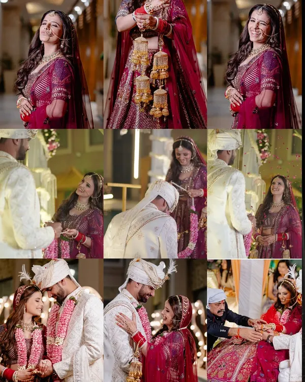 A collage capturing the many moods of a wedding day, from the bride's solo portraits to the key ceremony moments with her groom.