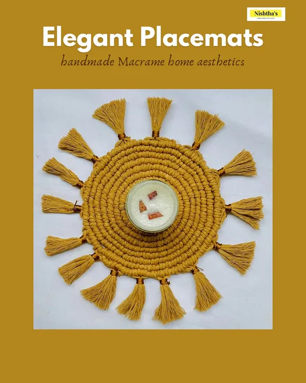 This elegant, sun-shaped macrame placemat in a warm mustard yellow is perfect for creating a statement table setting. The design features a tightly woven center with tassel-like spokes, adding a unique, handmade aesthetic to your home.