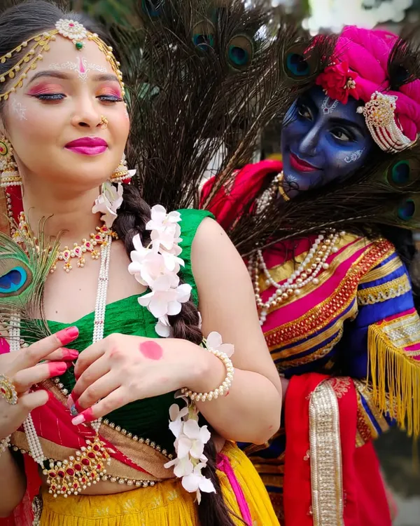 A creative depiction of Radha and Krishna for a Janmashtami-themed shoot. This showcases my skills in character makeup, using body paint and traditional elements to bring a divine story to life.