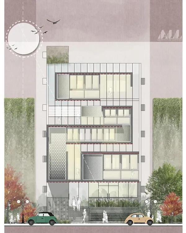 An elevation concept for the SCC commercial complex in Bengaluru. This graphic representation explores a dynamic facade with varied fenestration and material textures, creating a playful yet structured architectural language.
