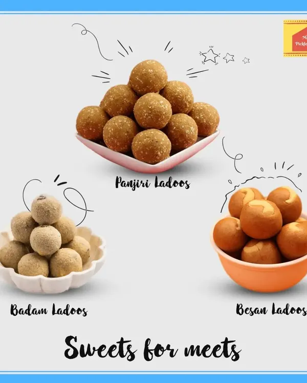 Here are my three signature sweets for all your meets. From the top, you have my immunity-boosting Panjiri Ladoos, classic Badam Ladoos, and the ever-popular Besan Ladoos.