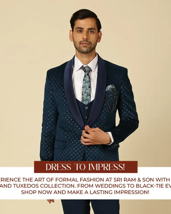 Dress to impress. This deep teal patterned tuxedo is for the man who isn't afraid of a little color. Experience the art of formal fashion and make a lasting impression.