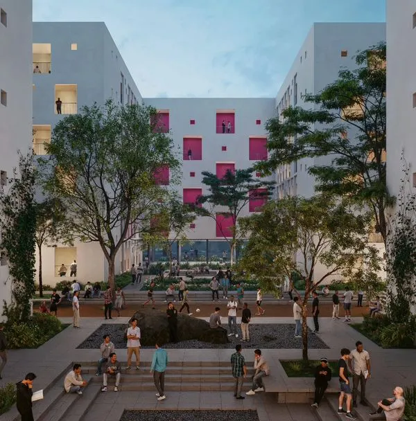 A render of the student hostels at Warangal University, designed as a vibrant community space. We envisioned the central courtyard as the heart of the hostel, a place for interaction, study, and relaxation, blending landscaping with social seating to create a dynamic environment for 4,300 students.