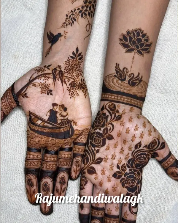 A very artistic and modern design. One hand shows a couple in a boat, while the other has swans and a lotus. This is for someone who wants a unique story on their hands.